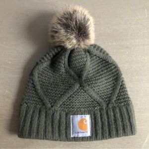Carhartt Kids' Olive Knit Beanie with Faux Fur Pom